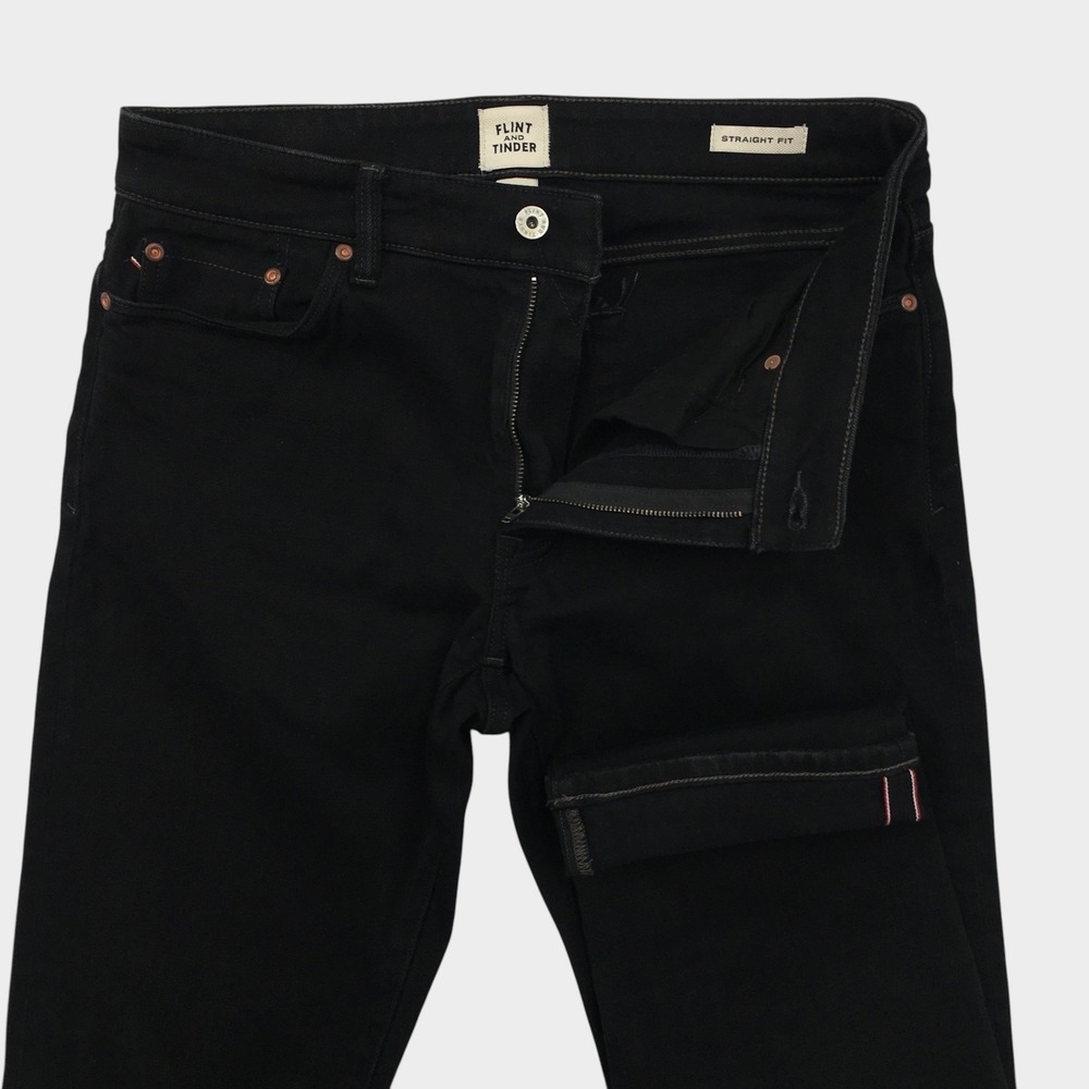 Flint and Tinder Mens Straight Fit Black Denim Jeans 32x29 Red Line Selvedge‎